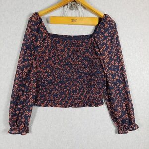 LUSH Women's Large Navy Orange Floral Smocked Square Neck Long Sleeve Crop Top L